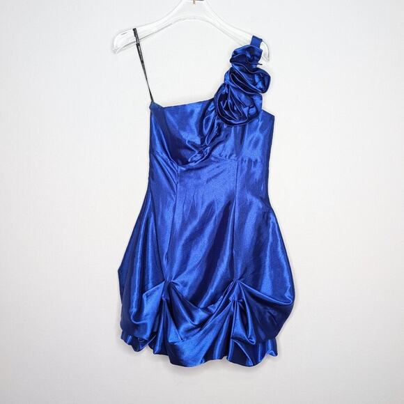 Vintage Jessica McClintock Gunne Sax Y2K Royal Blue Mini Dress One Shoulder - Picture 1 of 7